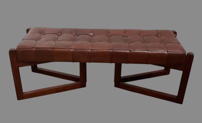 brown leather bench with wooden frame and square legs