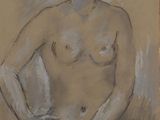 drawing of a nude woman sitting on a chair with her hands on her hips
