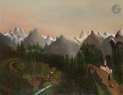 un tableau représentant un paysage de montagne avec un pont enjambant un ruisseau