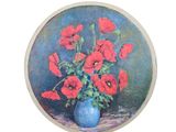 a picture of a painting of red flowers in a blue vase