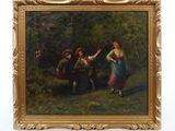 tableau représentant un couple jouant avec un chien dans un décor boisé