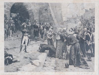 une vieille photo montrant un groupe de personnes debout devant une grotte