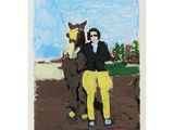 an image of a painting of a woman standing next to a horse