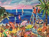 un tableau représentant une scène de plage avec des personnes sur la plage