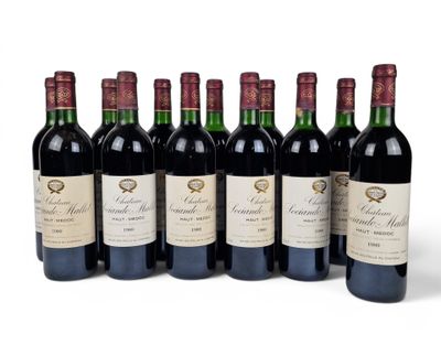 six bottles of red wine lined up in a row on a white surface