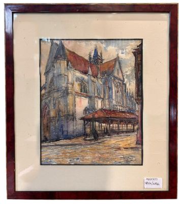 framed watercolor painting of a street scene with buildings and a red roof