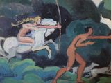 a painting of a man riding a horse with a woman on it