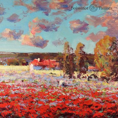 une peinture à l'huile représentant un champ de fleurs rouges avec une grange rouge au loin