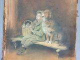 painting of a boy and a dog sitting on a bench with a basket of kittens