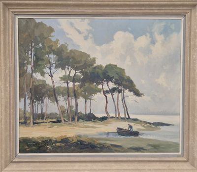 une image représentant un tableau où l'on voit un bateau sur l'eau, près d'arbres