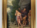 une peinture à l'huile représentant un homme et une femme dans un paysage, en compagnie d'un chien