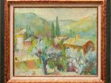 an oil painting of a landscape with trees and houses in the background