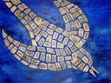 une peinture représentant un oiseau, composée de dominos sur fond bleu