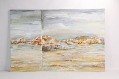 peinture représentant une scène de plage avec un bateau dans l'eau
