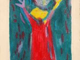 une image représentant un tableau où l'on voit une femme en robe rouge tenant une balle jaune