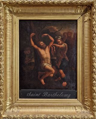 une peinture à l'huile représentant Jésus sur la croix avec d'autres hommes