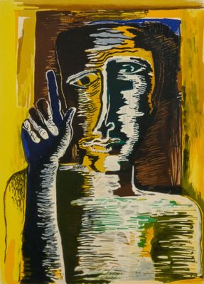 une image représentant un tableau où l'on voit un homme la main levée
