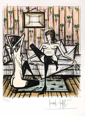 un dessin représentant une femme assise sur un canapé dans un salon