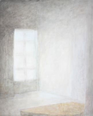 tableau représentant une pièce avec une table et une fenêtre