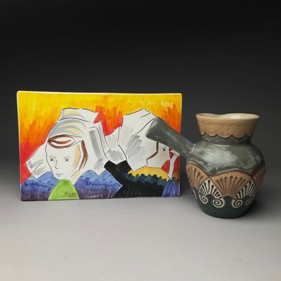 a painting of a woman holding a knife next to a vase