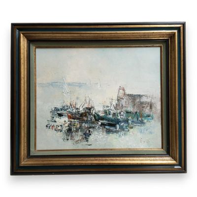 an oil painting of boats in a harbor on a white background