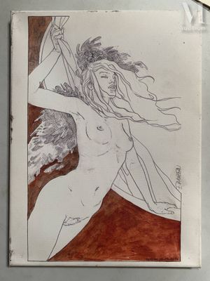 dessin représentant une femme en robe rouge tenant une épée