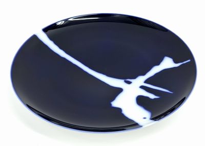 a picture of a black and white plate with a bird on it