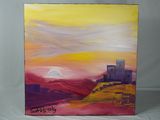 peinture représentant un tableau représentant un coucher de soleil avec un château au loin