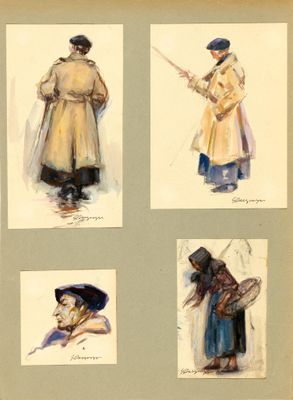 croquis d'un homme avec un chapeau, un manteau, un manteau et un chapeau