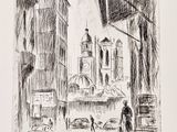 pencil drawing of a street scene with a person walking down the street