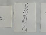 trois dessins représentant une femme assise sur un lit à côté d'un chat