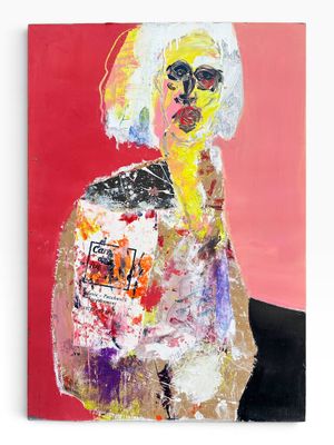 a painting of a woman with a white hair and glasses on a red background