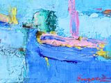 a painting of a boat in the water on a blue background