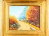 an oil painting of a person walking down a road with trees in the background