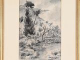 an image of a painting of a landscape with trees in the foreground