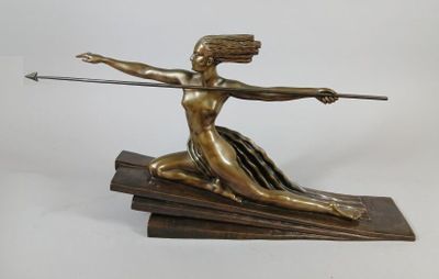 bronze statue of a woman with a bow and arrow on a wooden base