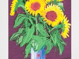 une peinture de tournesols dans un vase sur une table