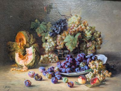 un tableau représentant des raisins, un melon et d'autres fruits posés sur une table