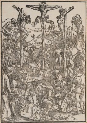 a black and white drawing of jesus on the cross with other people