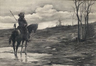 a drawing of a man riding a horse in the water
