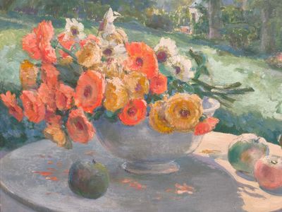 a painting of a bowl of flowers and fruit on a table