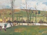 une peinture à l'huile représentant un champ verdoyant avec des arbres au loin