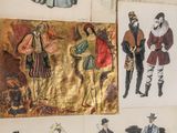 many different pictures of people in costumes on the wall