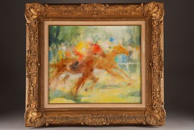 an oil painting of a horse race with jockeys on the track