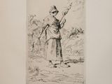 an old drawing of a man holding a bird in his hand