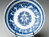 a blue and white plate with a circular design on it