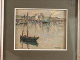 painting of a boat in a body of water with a bridge in the background