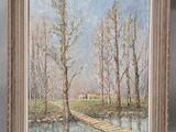 a painting of a river with trees and a house in the background