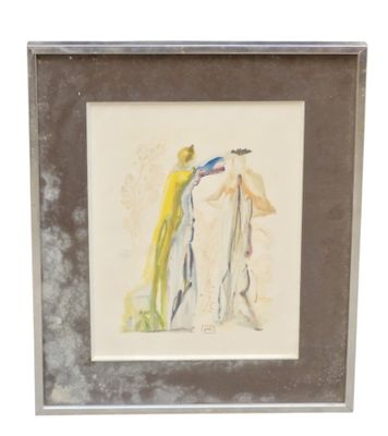 framed watercolor painting of two women with a bird on a branch