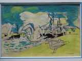 dessin représentant une mouette debout devant un tableau représentant un bateau